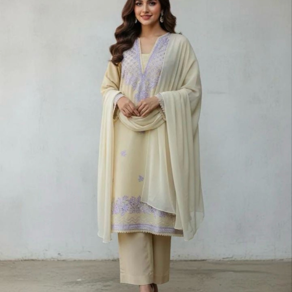 Category Casual 3pc Shirt Trouser Chiffon Dupatta Shirt Length 4445 Inches